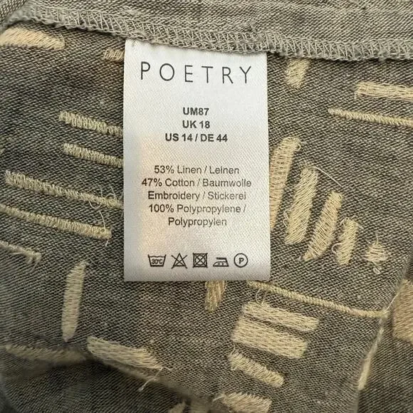 Poetry Top Womens 14 Tan Beige Linen Cotton Boxy Lagenlook Artsy Embroidered - Picture 12 of 14